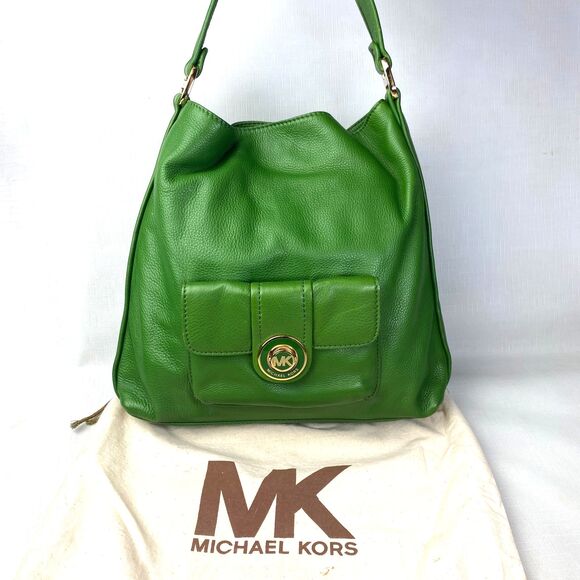 Michael Kors GREEN PEBBLED LEATHER + GOLD Hardware Shoulder TOTE BAG! + Dust Bag - Picture 1 of 16